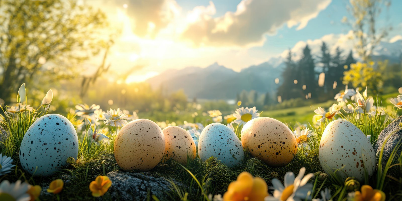 Colorful eggs nestled among flowers in a sunny landscape during springtime near mountains